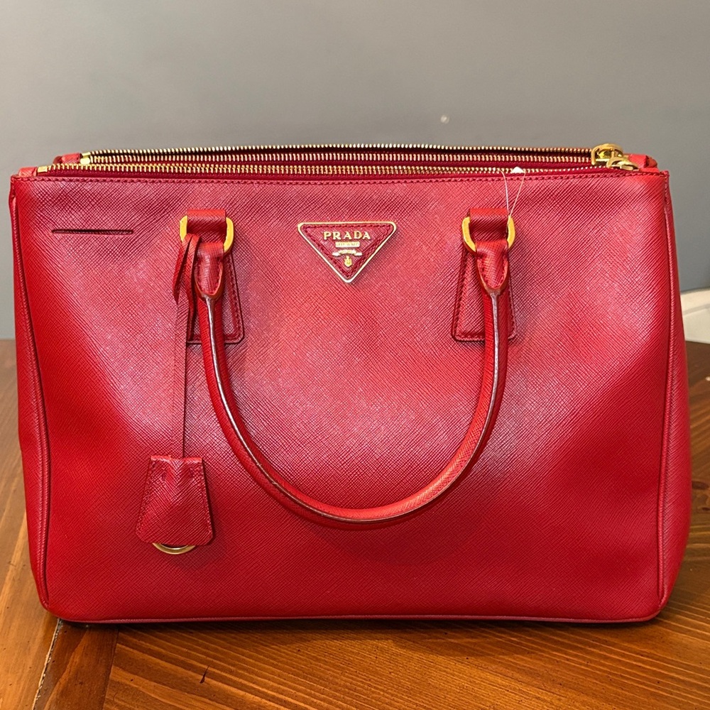Prada Crimson Leather Satchel with Gold Accents
